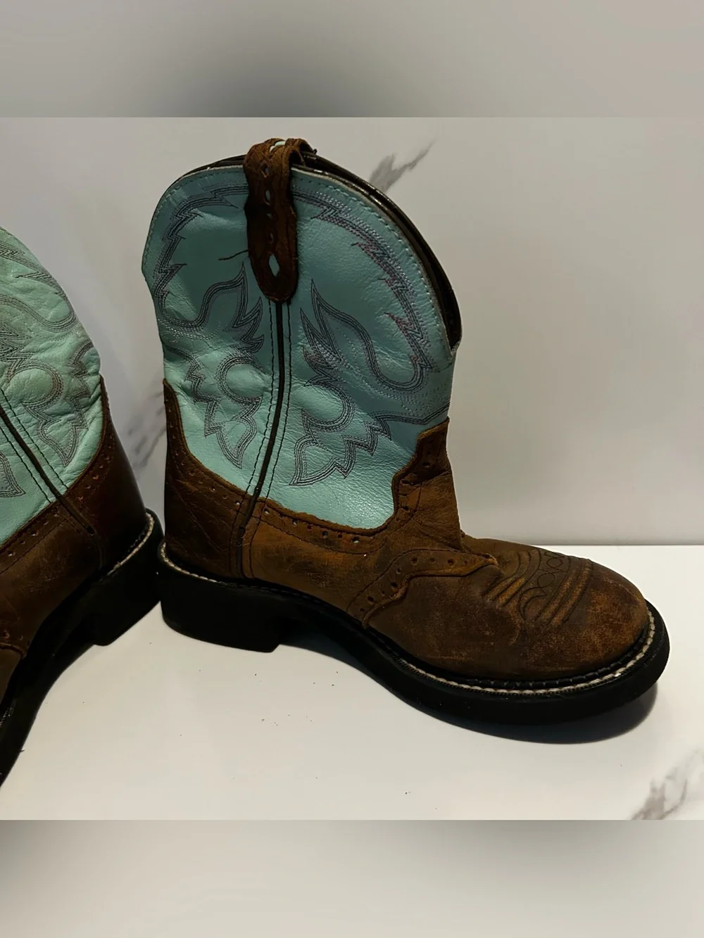 Kids Brown Leather Western Boots with Turquoise Shaft